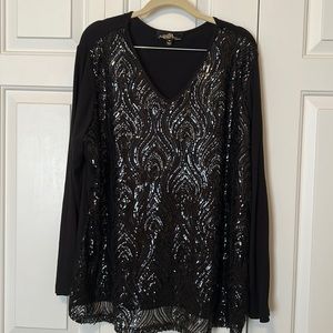 Brand New Black Joan Boyce Long Sleeve Vneck Sequin Top, sz 1x, NWOT